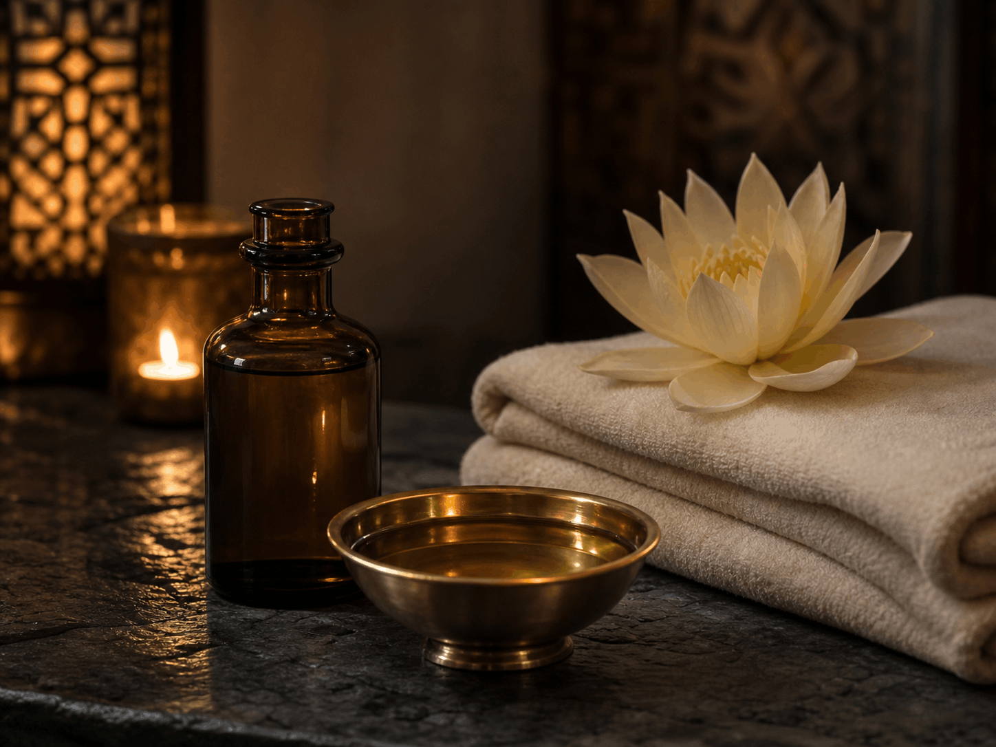 Massageolja, lotusblomma och mjuka handdukar